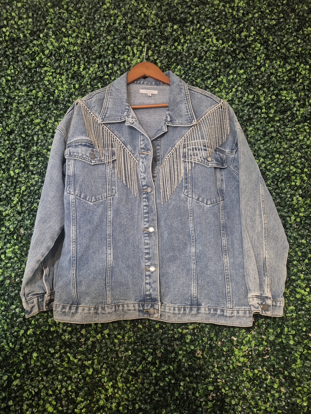 Women's Light Wash Denim Jacket with Rhinestone Fringe